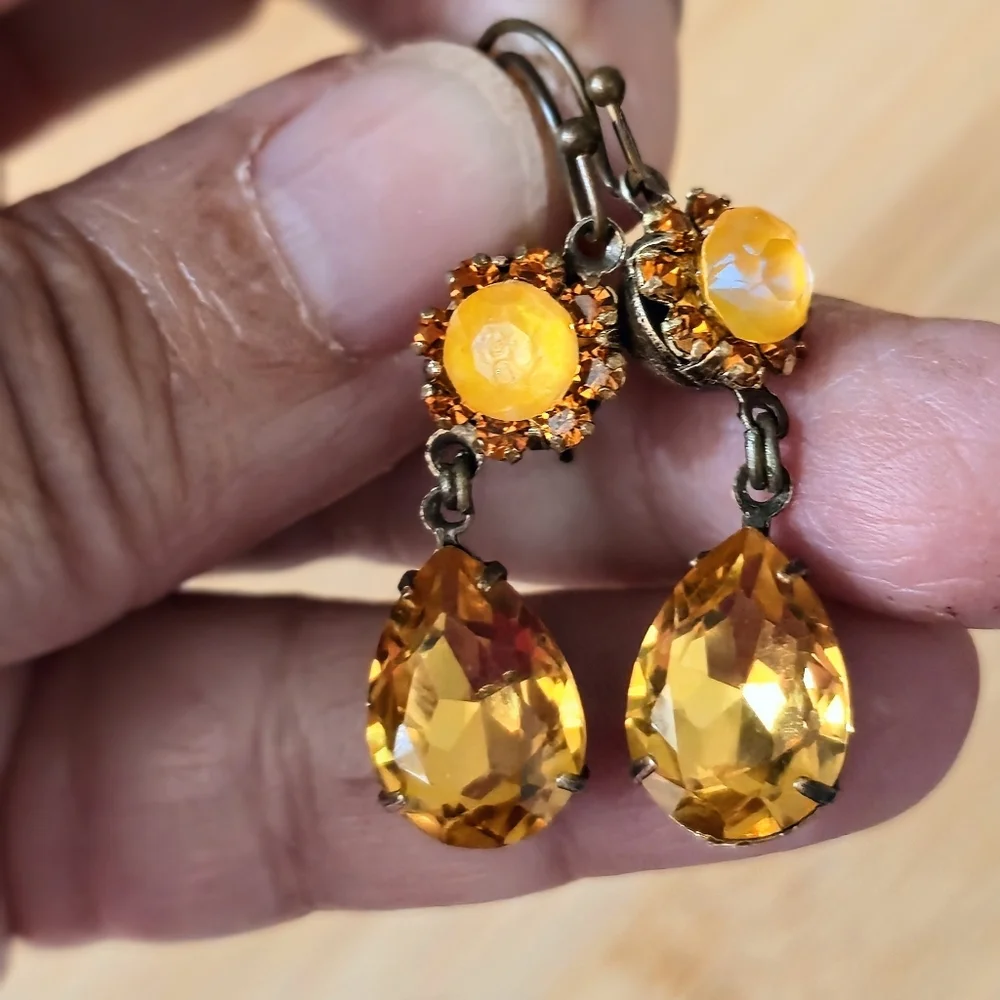 Victorian Golden Yellow Swarovski Elements Flower Crystals In Brass  Earrings
